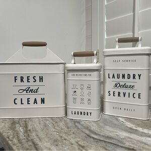 Vintage-Inspired White Laundry Canister Set with Navy Lettering